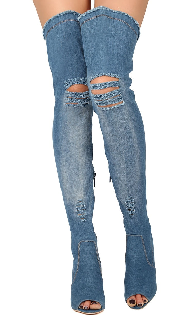 open toe denim thigh high boots