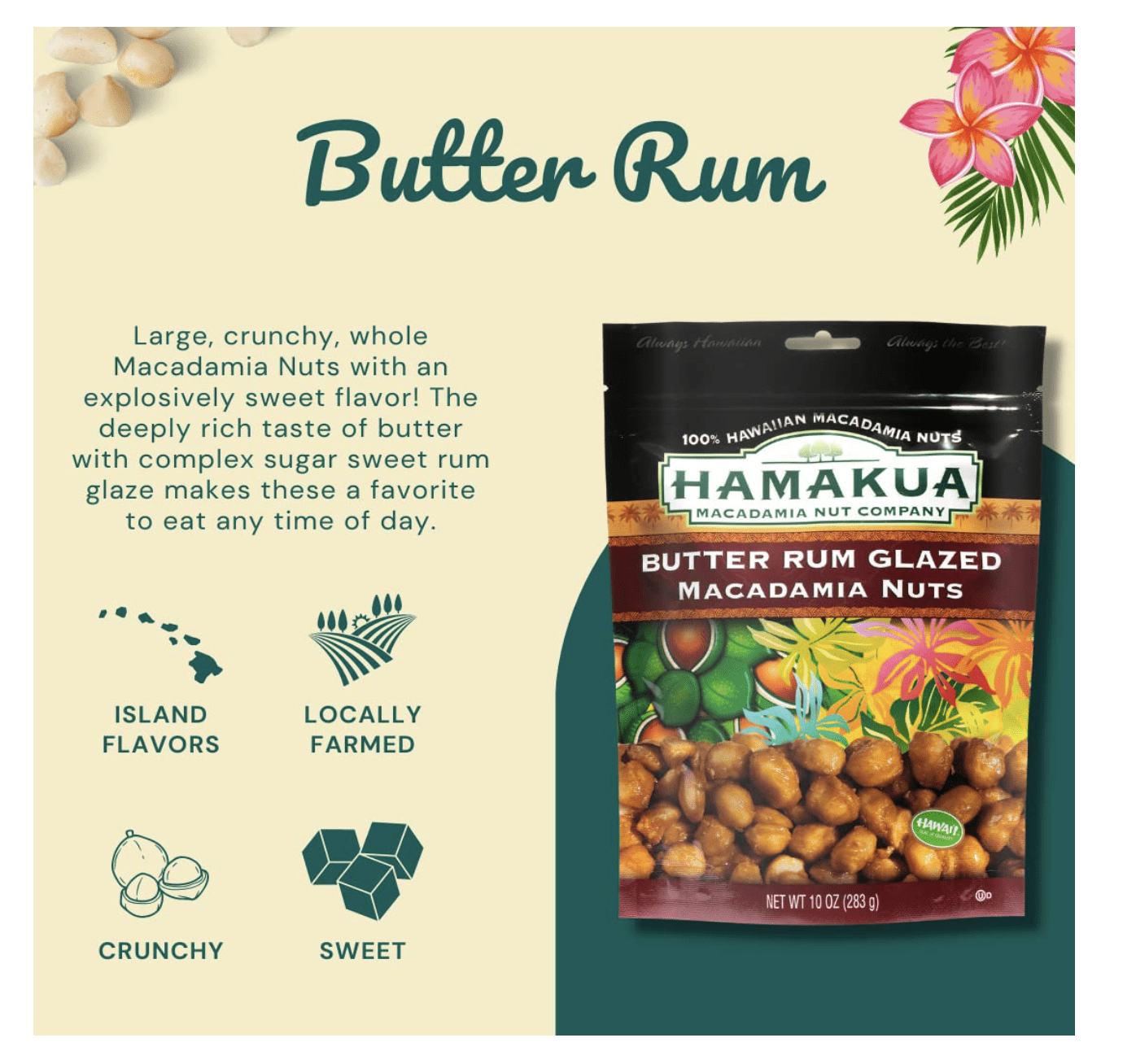 Hamakua Macadamia Nuts - Sweet Glazed Butter Rum - Hawaiian Grown Flavored Dry Roasted Half and Whole Macadamias - Natural Eco-Friendly Large Macadamia Nuts