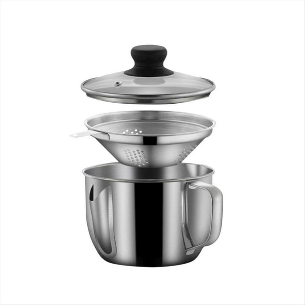 Separador de Grasa de Acero Inoxidable 1L/4 , Separador de Grasa para Salsa con Colador y Tapa de Vidrio, Vaso Separador de Aceite para Sopa