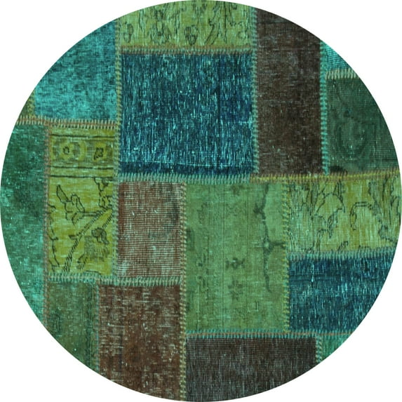 Ahgly Company Machine Washable Indoor Round Patchwork Turquoise Blue Transitional Area Rugs, 6' Round