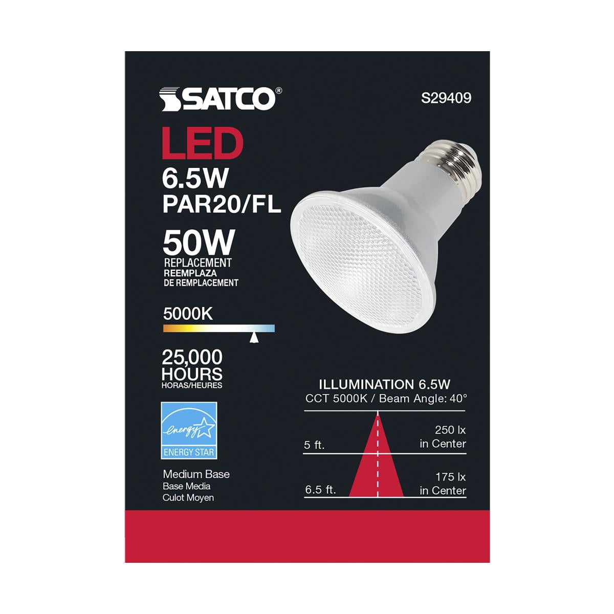 SATCO S29409 PAR20 E26 Medium Base LED Bulb 6.5W 120V 5000K (6 Pack)