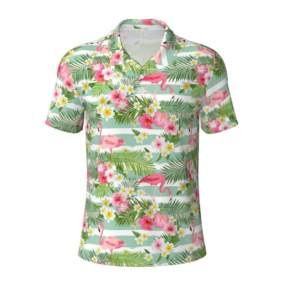 Xecao Tropical Flamingo for Mens' Casual Short Sleeve Button-Down Polo Shirts for a Classic Golf Look