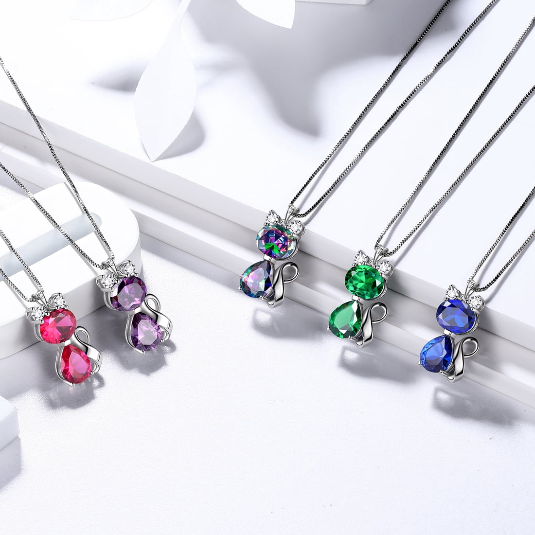 Juwaliy September Birthstone Necklace Sapphire Blue Cat Pendant Charms 925 Sterling Silver Jewelry Women Daughter Wife Mother Christmas Birthday Gift