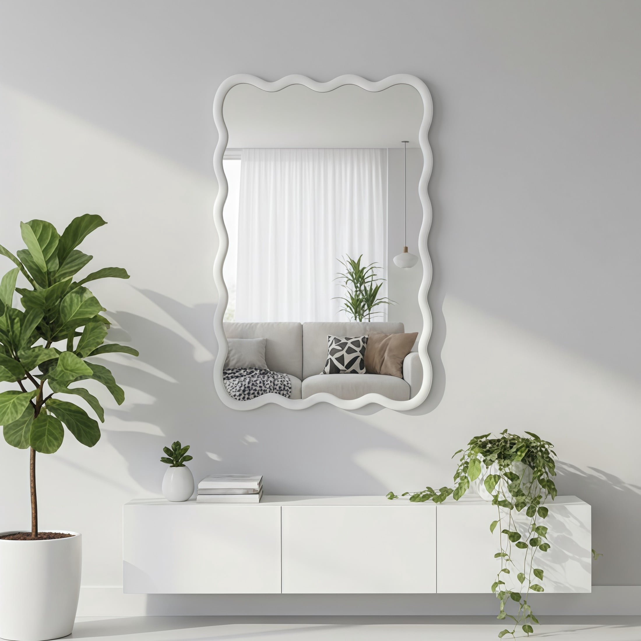 Noble House 20"x30" Wavy Rectangle Wall Mirror, Solid Wood Decorative Vanity Mirror, White