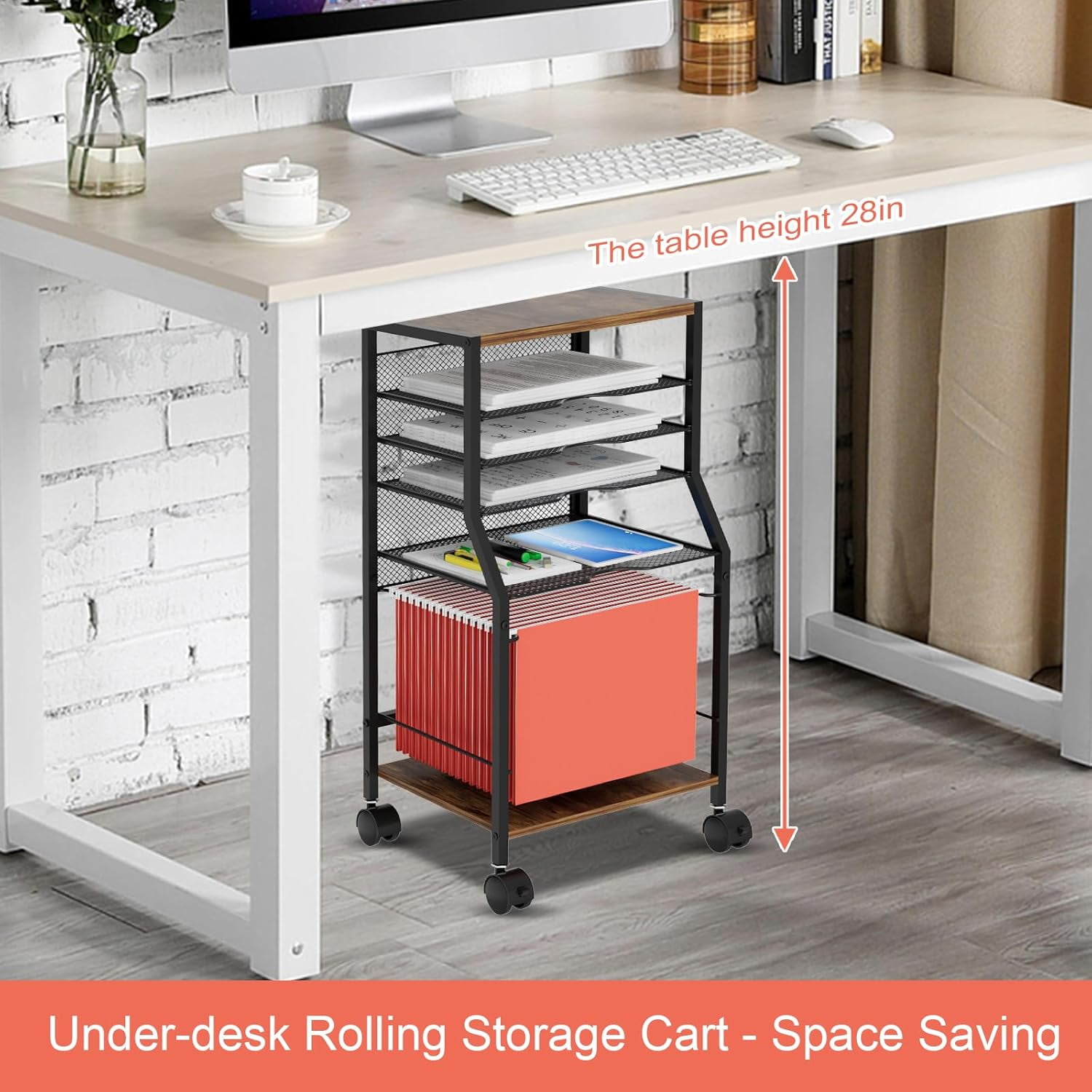 Rolling File Cart, 6 Tiers Under Desk Organizer on Wheels, Wood Planks and Mesh Cart with Hanging File Folders Rack and Paper Trays, Black