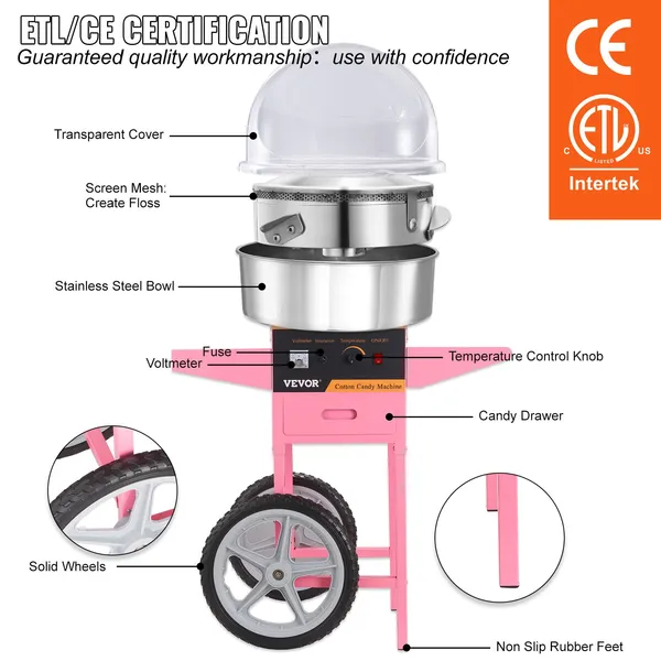 Pink 1000W Commercial Cotton Candy Machine Cart with Bubble Cover Stainless Steel Bowl Sugar Scoop and Drawer for Home Kids Birthday Family Party