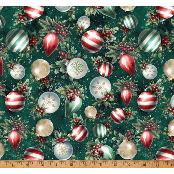 Cotton Cozy Tidings Ornaments Holly Christmas Season Winter Tree Hoffman California Fabrics Cotton Fabric Print by the Yard (X5601-141-PINE)