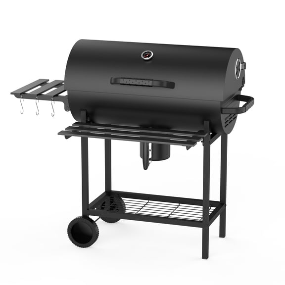 KOBENDA 29" Barrel Charcoal Grill with Foldable Side Table & Removable Ashtray for Backyard, Black