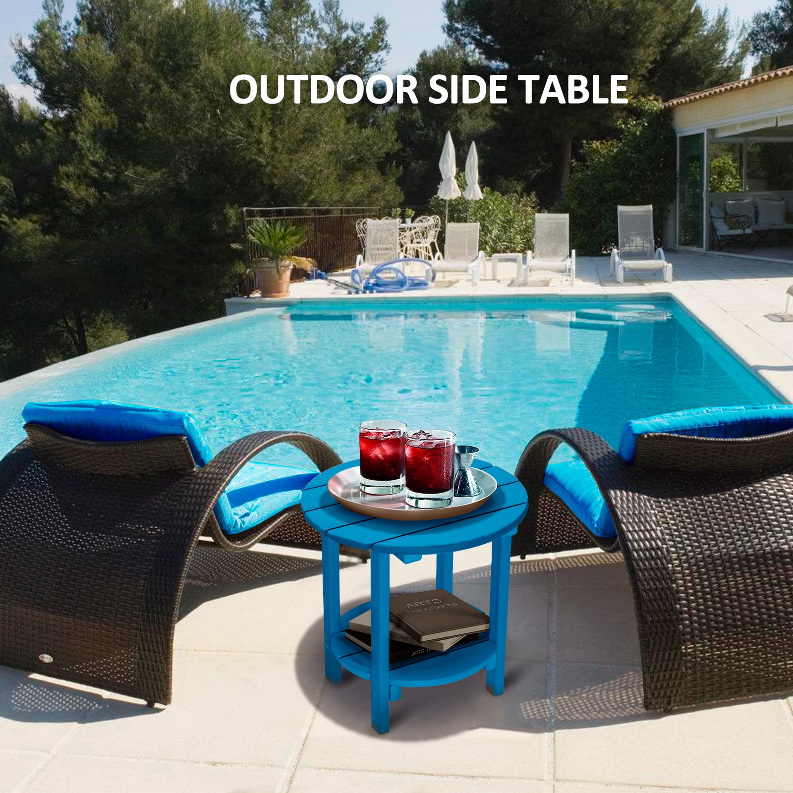 Nalone HDPE Adirondack Outdoor Side Table, Outdoor Coffee Table Double Layer With Shelf All Weather Use Patio Deck Table, Outside Coffee Side End Table, Navy Blue