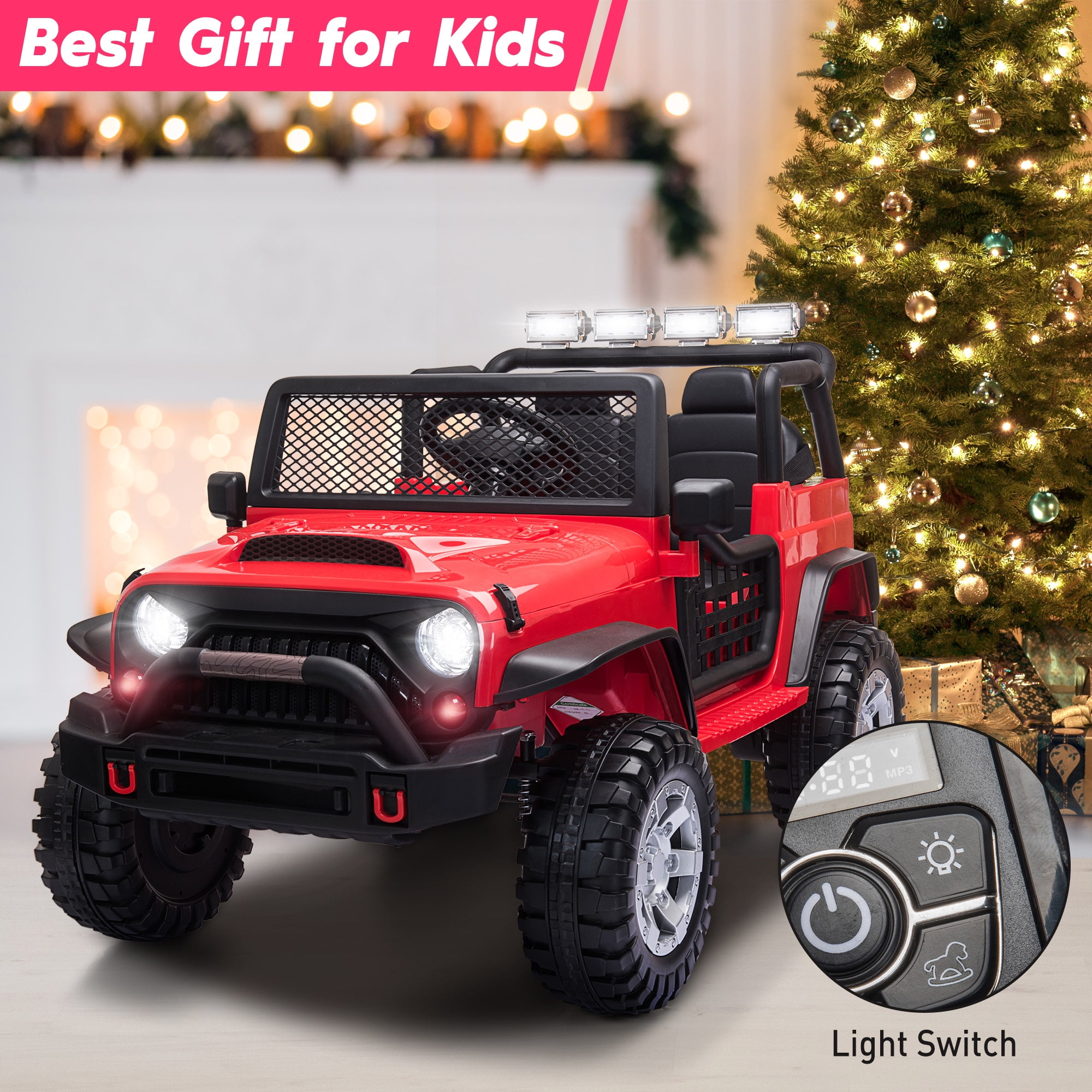 TOBBI 12V Kids Ride on Car, Jeep Car with Remote Control, LED Lights, Music, Horn, Bluetooth, Spring Suspension, Rocking, Red