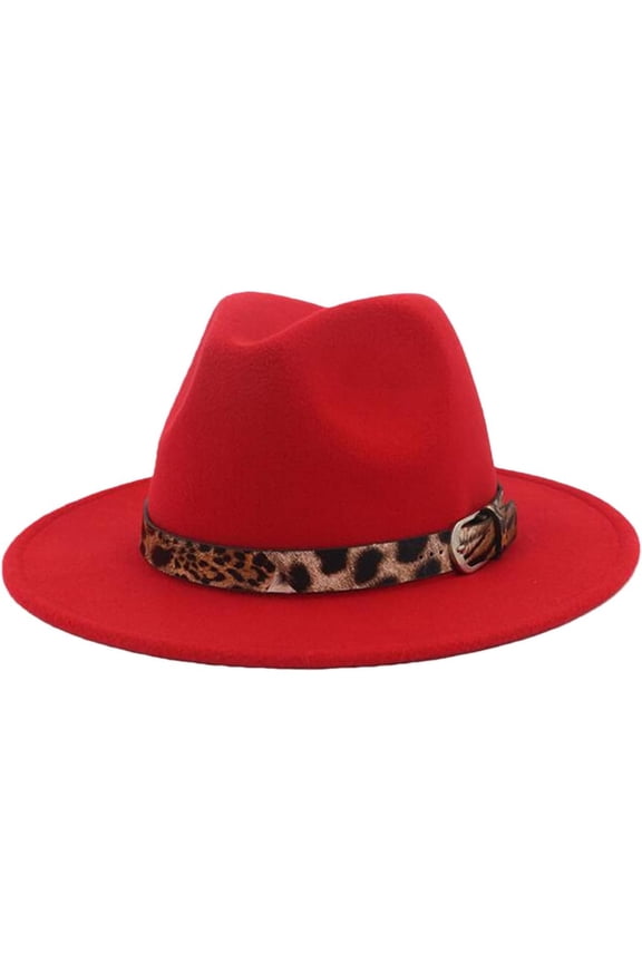 Womens Felt Fedora Hat Classic Wide Brim Panama Hat with Leopard Belt Buckle (Red)