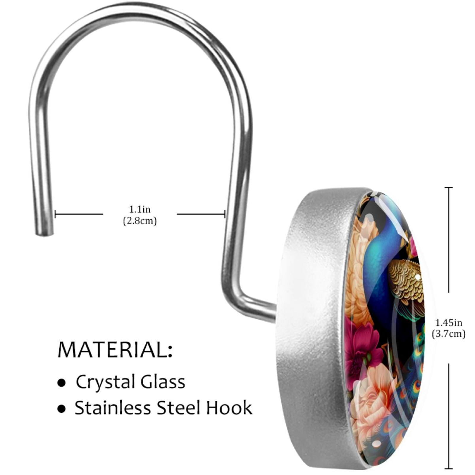 Peacock Shower Curtain Hooks （Set of 12） for Home Hotel Shower Rods Bathroom Crystal Glass Print Stainless Steel Round Curtain Hooks