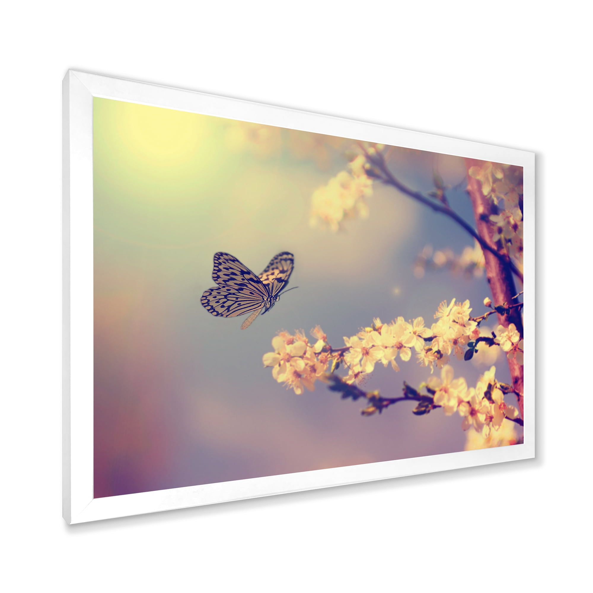 Designart 'Ancient Butterfly Flying To A White Flower' Traditional Framed Art Print
