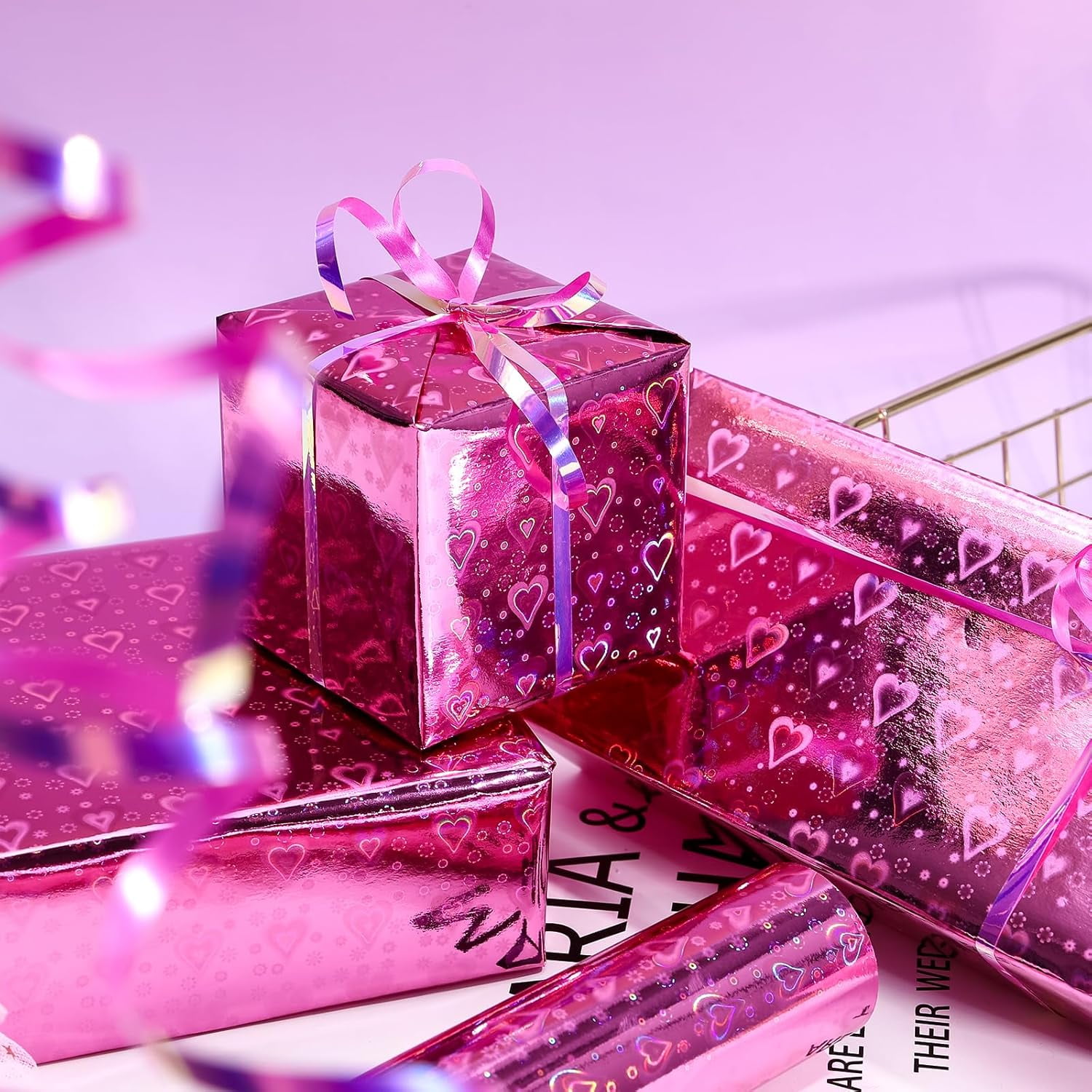 Pink Holographic Wrapping Paper Roll, Shiny Heart Pattern Metallic Foil for Valentines, Wedding, Anniversary, Birthday & Party Celebrations, Mini Roll 17 in x 32.8 ft