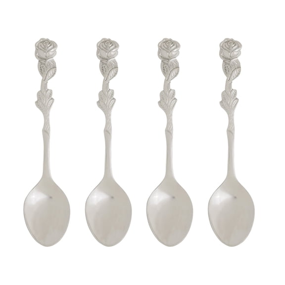 Fino Demi Spoon, Stainless Steel, Rose Design, For Everyday Coffee, Desserts, Entertaining, and Holiday Dining, Set Of 4