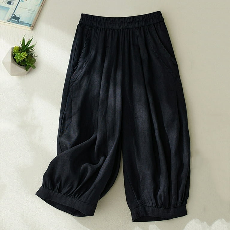 Htigea Women's Summer Cotton Linen Shorts Vintage Elastic Waist