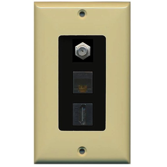 RiteAV Decorative 1 Gang Wall Plate (Ivory/Black) 3 Port - Coax (Black) Cat6 (Black) HDMI (Black)