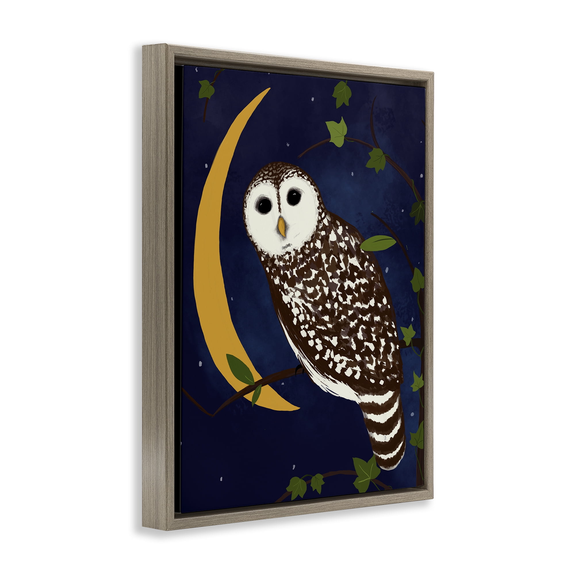 Stupell Industries Owl & Moon Forest Animals Painting Brown Floater Framed Canvas Art Print Wall Art, 17 x 21