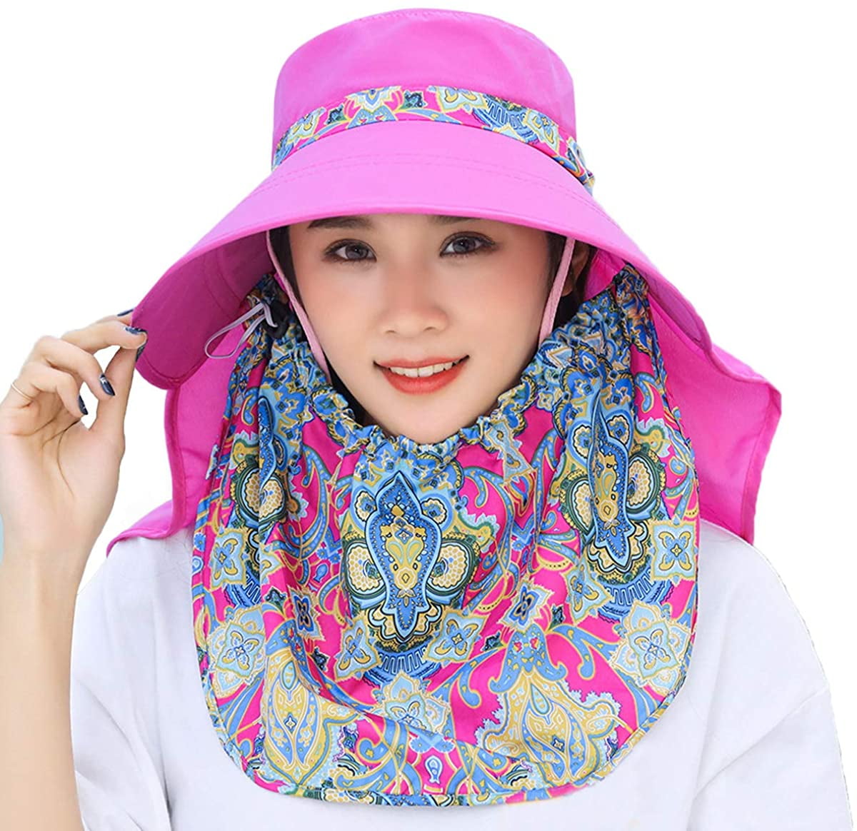 Women Wide Brim Face Mask Sun Hat Detachable Neck Face Flap Ponytail UV