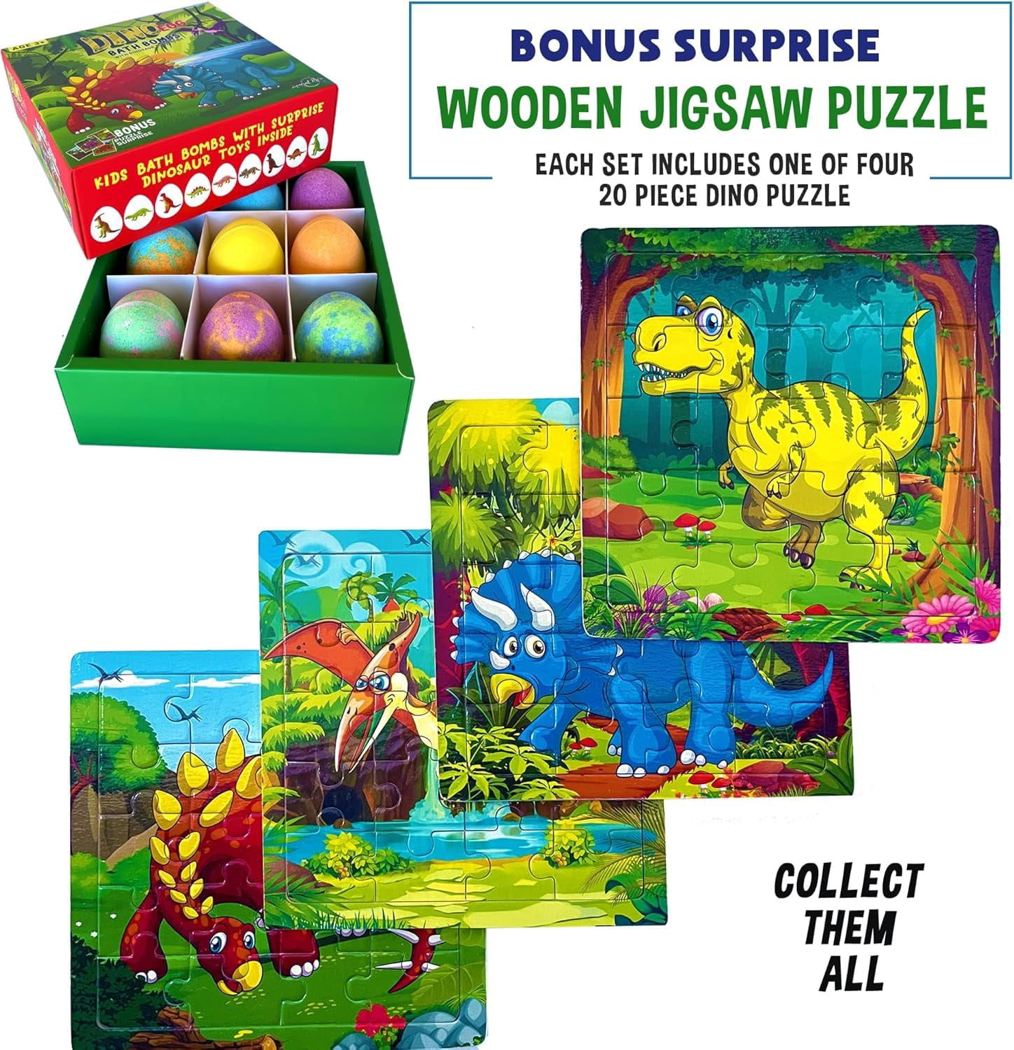 Mineral Me Bath Bombs for Kids with Toys Inside Plus Dinosaur Puzzle - Set of 9 w/ Mild Fruity Scent