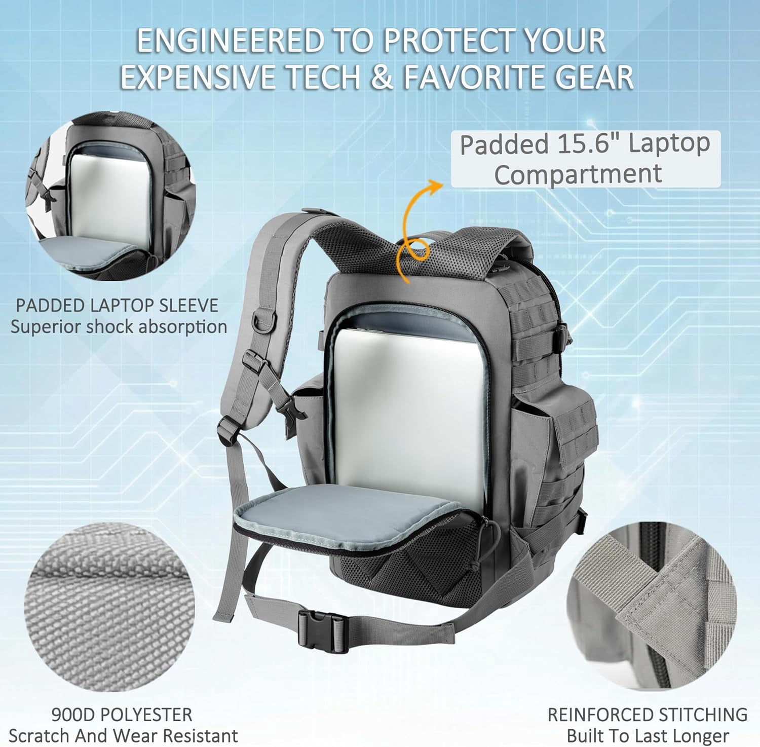 SHARKMOUTH Military Diaper Bag for Tech-Dads: 40L Large Capacity with 15.6" Laptop Sleeve/Insulated Pockets - 900D Polyester with MOLLE System for Business Travel/WFH/Commute (Grey)