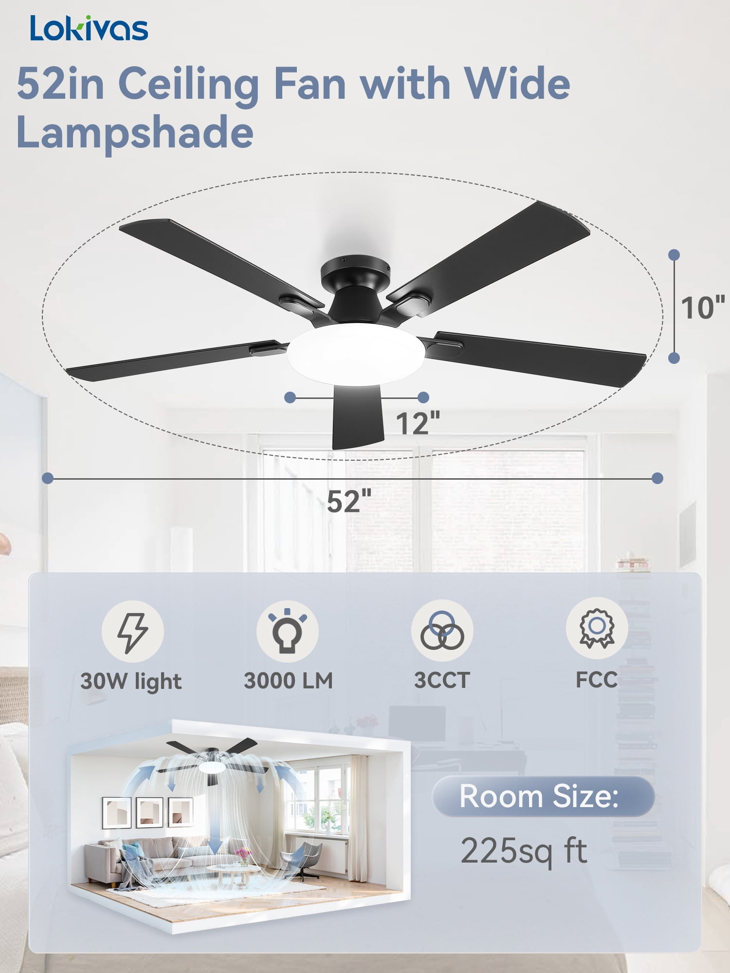 Lokivas 52 Inch Modern Ceiling Fan with Light, Flush Mount Low Profile, Quiet 6 Speeds Remote Control, Reversible DC Motor for Bedroom, Living Room