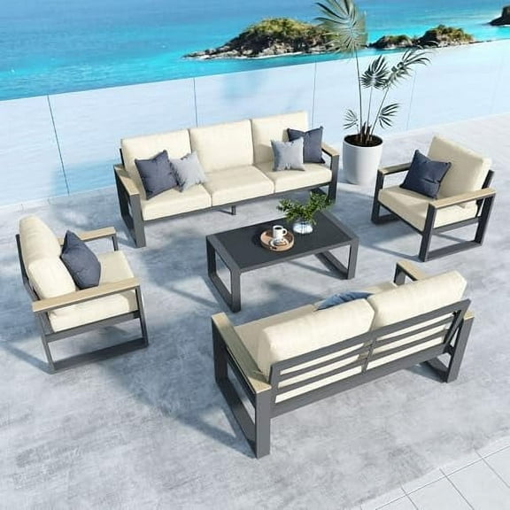 Mayincolor Aluminum Patio Furniture, 7-Seats Metal Outdoor Furniture Set with Coffee Table, Modern Patio Sofa Sets Outdoor Conversation Set for Pool Garden Porch Backyard, Beige