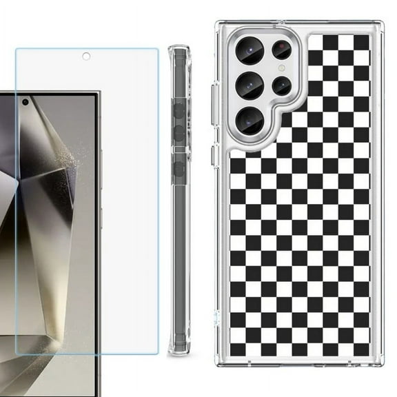 OneToughShield ® Case Compatible with Samsung Galaxy S24 Ultra, Shockproof Bumper Phone Case, with Tempered Glass Screen Protector - Checker B/W