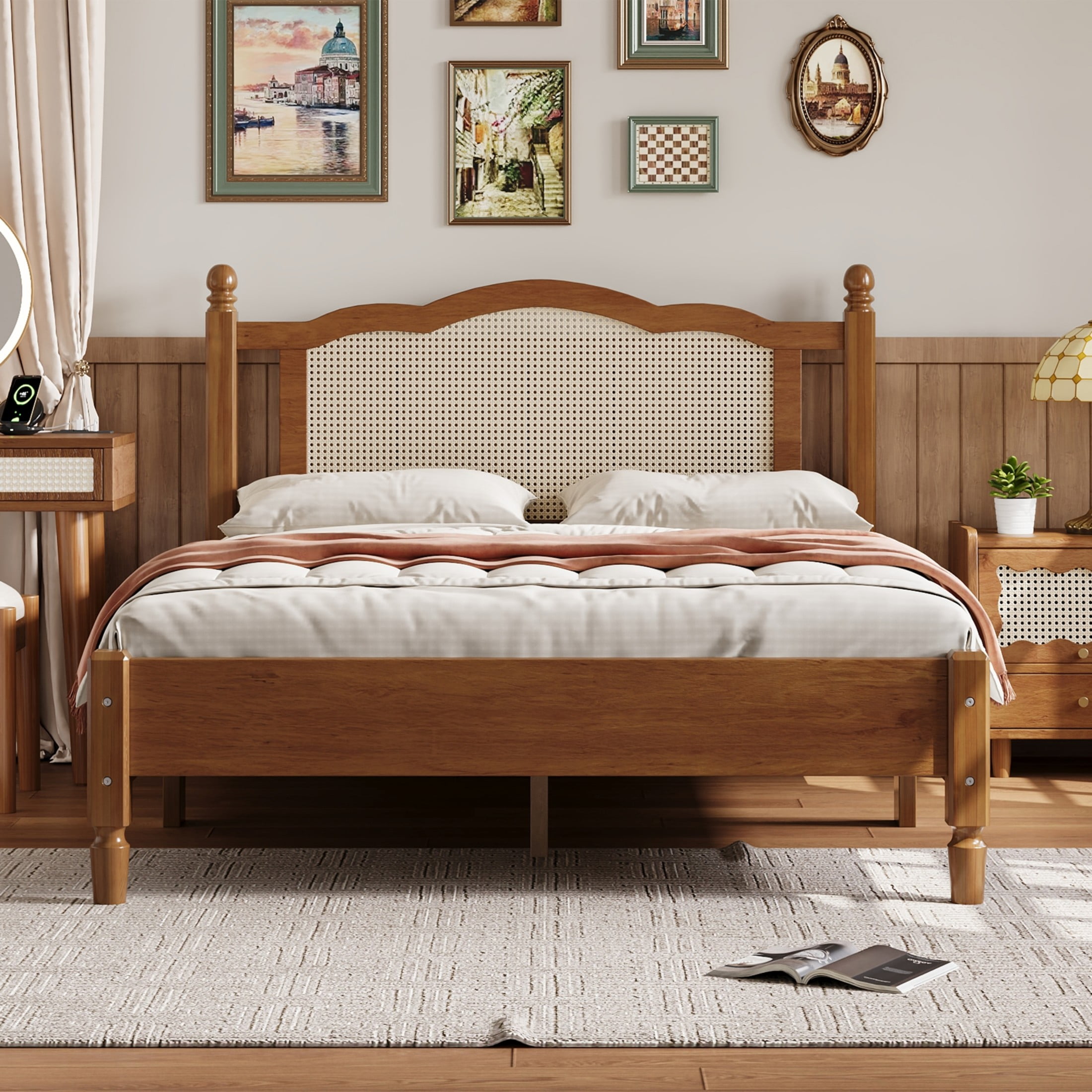 Noble House Full Size Wooden Platform Bed with Natural Rattan Headboard,Wooden Slat Support,Walnut