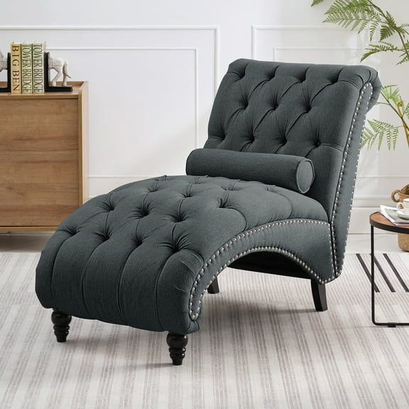 MUZZ indoor Chaise Lounge with pillow, Modern Upholstered Velvet Lounge Chair with Tufted button Design for Small Space, Dark Grey