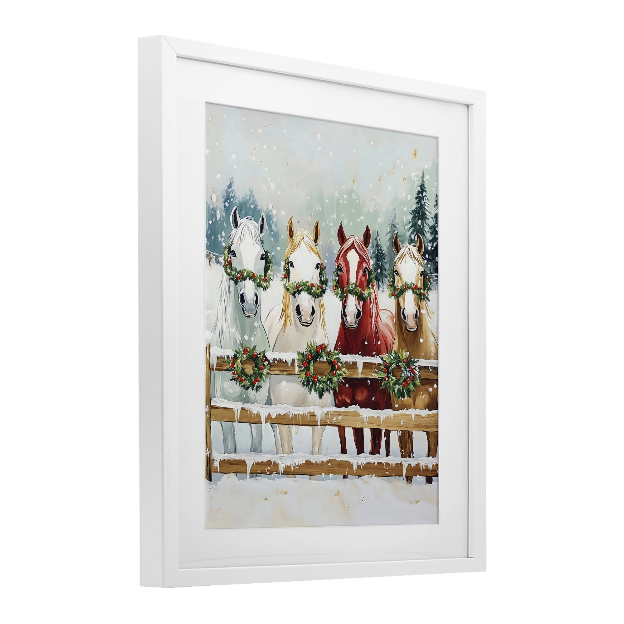 Stupell Industries Christmas Horses with Holly Wreaths White Framed Print Under Glass, design by The Prints Vibe