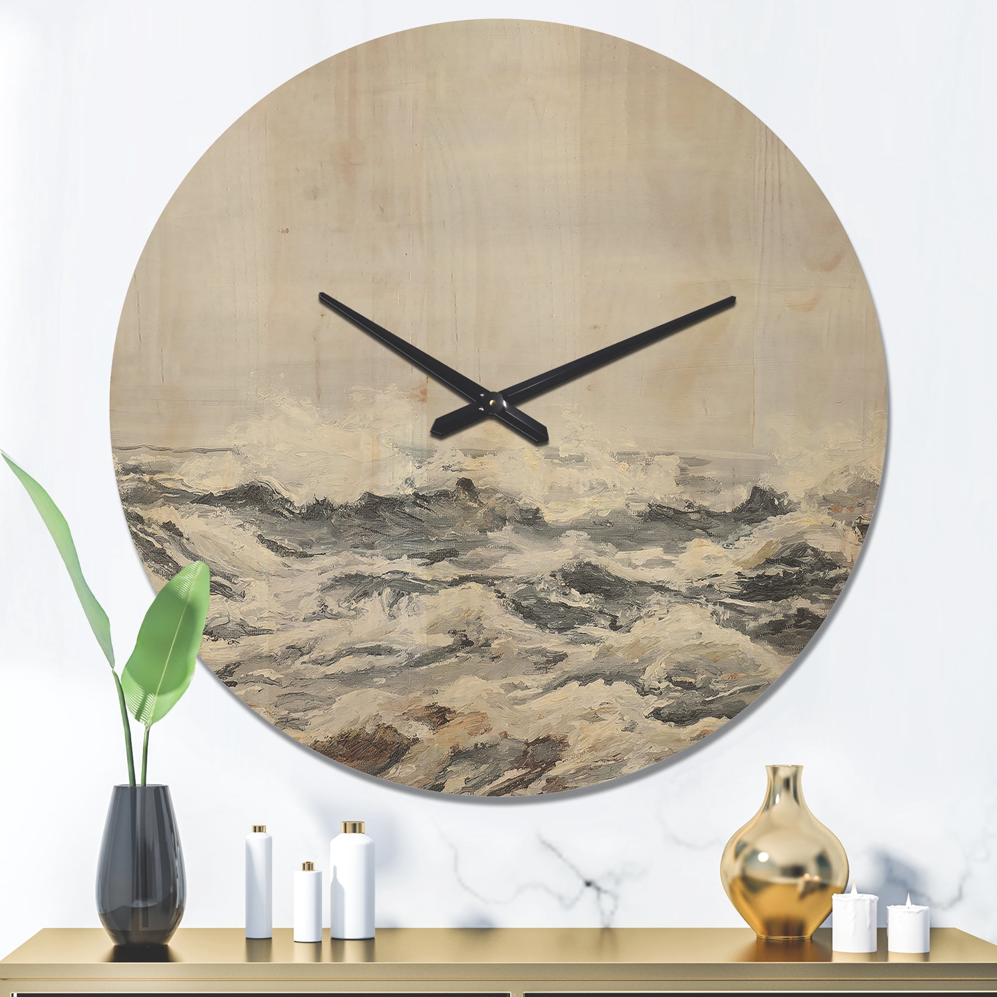 Designart 'Grey Sea Waves' Nautical & Coastal Wood Wall Clock