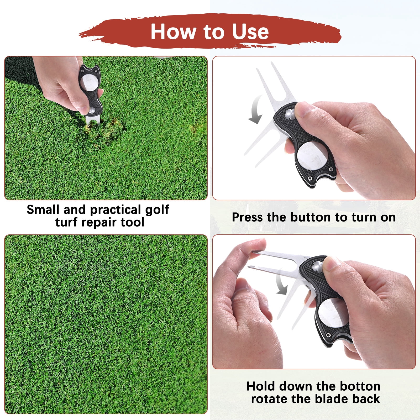 Uxcell Golf Divot Repair Tool [4PCS] - Switch Foldable Divot Tool Rack with Magnetic Ball Marker - [Black] Green Fork Tines