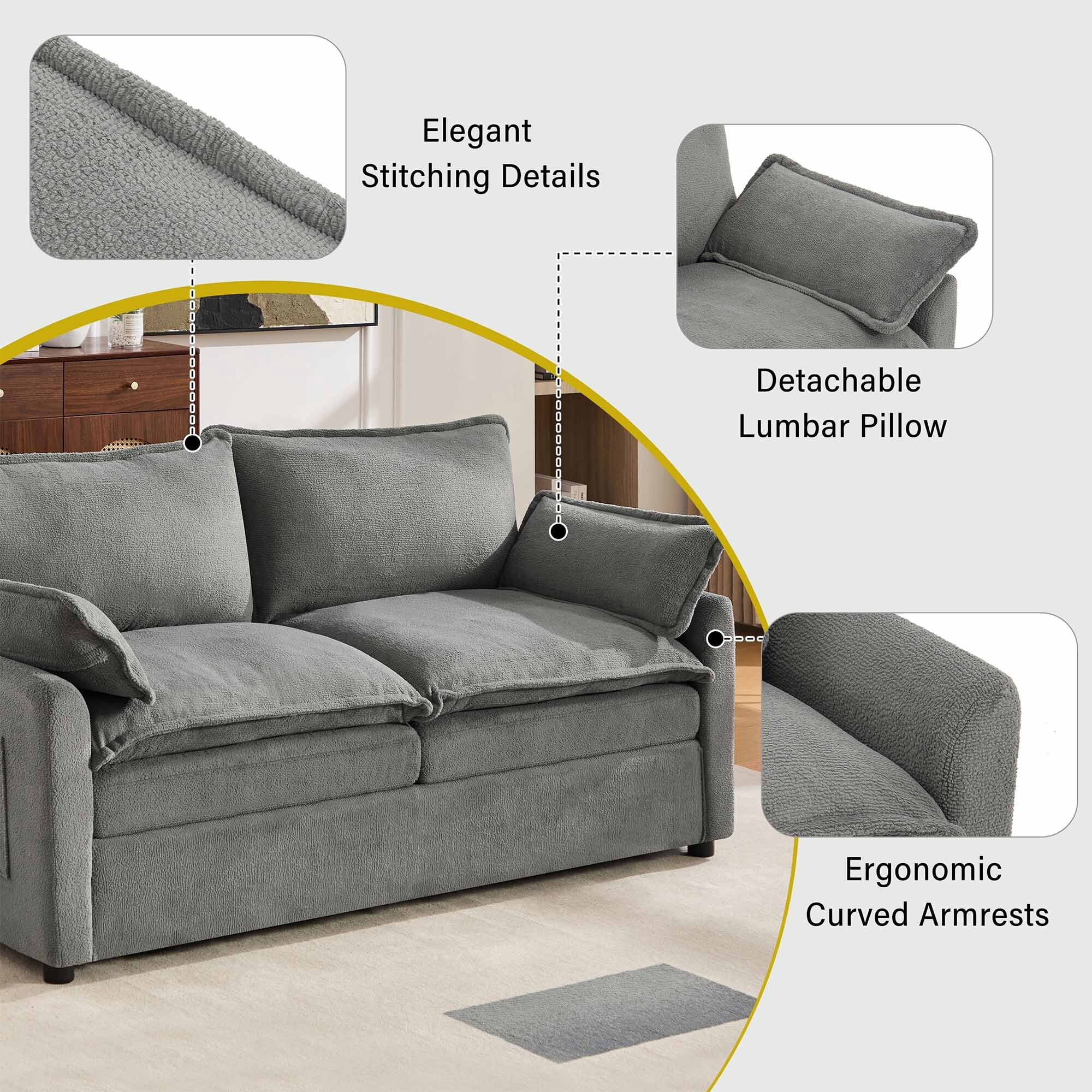 Lunale 2-Seater Sofa with Storage Pockets, Small Modern Cloud Couch for Living Room, Gray Chenille
