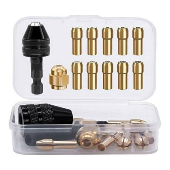 12 Piece Drill Chuck Adapter Set, 4486 Chuck, 4485 Collets, Brass Change Heads, Keyless with Box