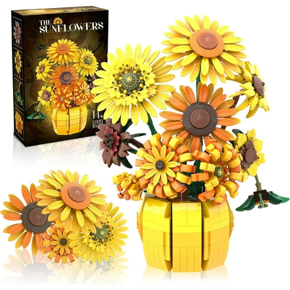 SHIBA-Flowers Sunflower Building Sets for Adult, Van Gogh Sunflowers Bouquet Pot Kits with Vase, Great Christmas, Valentine's Day Gift for Woman Girls Kids 14+, Compatible with Lego Flowers, 1009 pcs