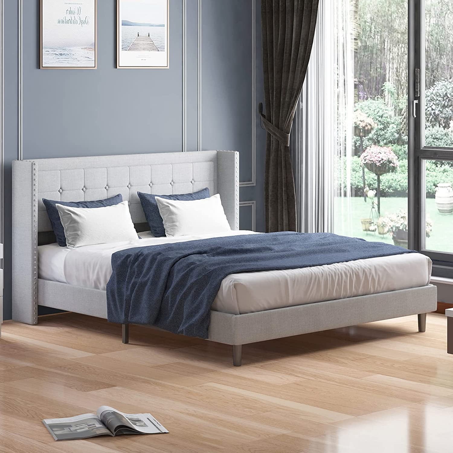 Solid Wood Platform Bed W/Headboard Design Full Size Bed Frame Wood Slat Support 