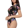 thumbnail image 2 of KLL Women 's Crew Neck Bodysuit Jumpsuits Bouquet Print Short onesies Stretch T Shirts, 2 of 7