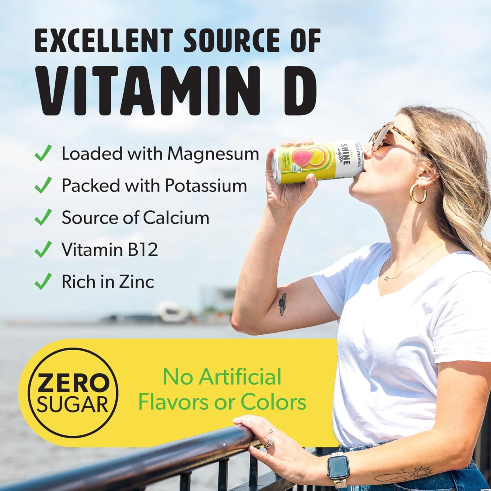 Shine Water Tropical Lemonade Vitamin D Electrolyte Drinks 12-Pack, Sugar Free Flavored Water with Magnesium, Zinc & Antioxidants, Low Calorie Hydration