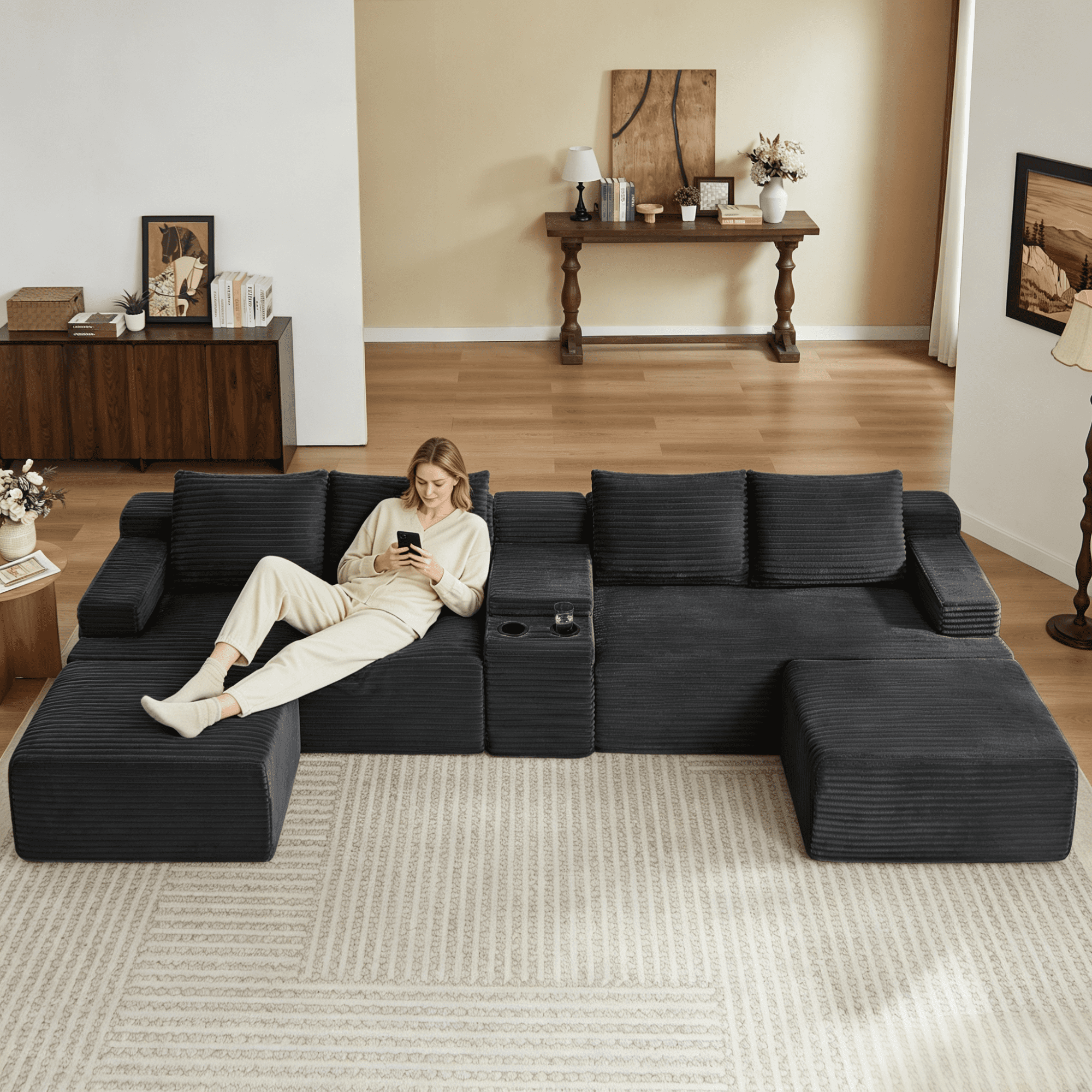 Gewnee 140"Cloud Couch Modular Sectional Sofa,Oversized Boneless Couch with Hidden Storage & Cup Holders and Side Pockets,5 Seat U Shaped Couch for Living Room.Dark Grey