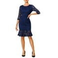 thumbnail image 2 of INSPIRE CHIC Women's Elegant Fishtail 3/4 Sleeve Cocktail Lace Midi Dress Dark Blue S, 2 of 5
