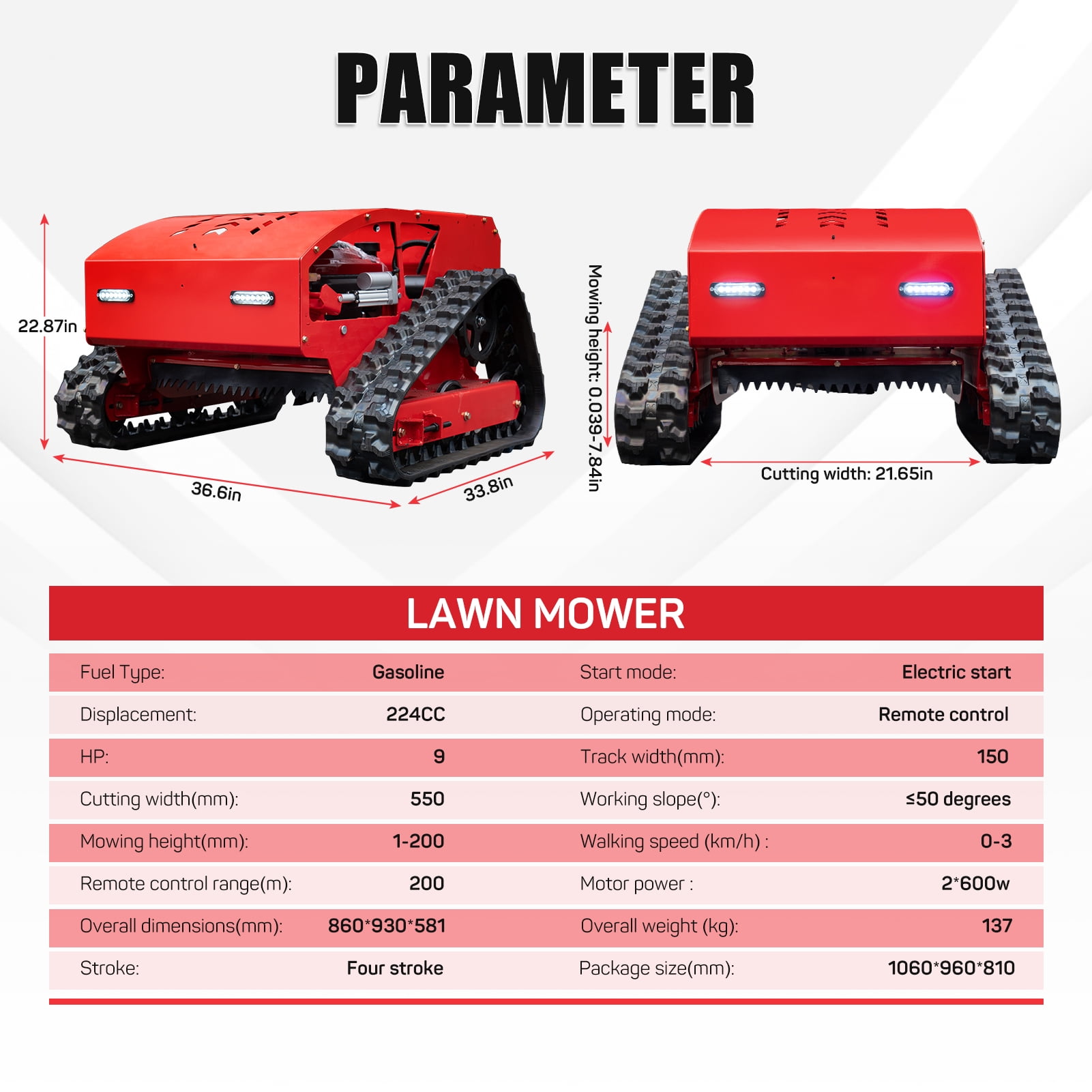 MMS Remote Control Track 21.65" Lawn Mower With 9HP 224cc Gas Engine, One-Hand Control Remote, Adjustable Cutting Height Robotic Lawn Mower for Slopes, Orchards & Commercial Landscaping