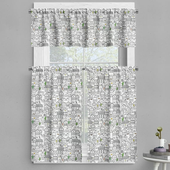 Ambesonne Country Valance & Curtain, Hand Drawn Inspired Houses, 55"x36", White Pale Mauve Taupe