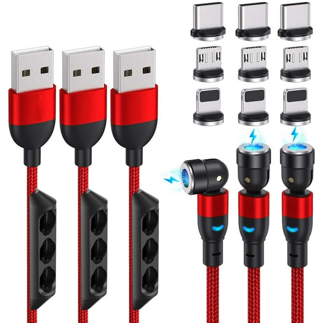 540 Degree Magnetic Charging Cable Nylon Braided 3A Fast Charge Magnetic Data Cable Universal 3 in 1 Magnet Phone Charger Compatible with Micro USB, Type C, i-Product Devices 6ft 3Pack