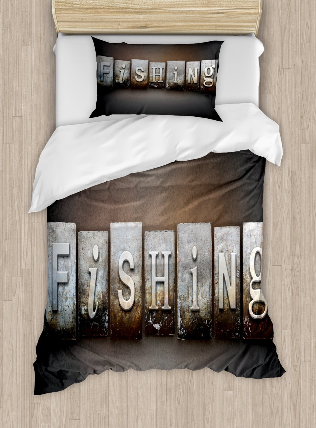 Fishing Theme Duvet Cover Set, Nautical Concept with The Word Fishing