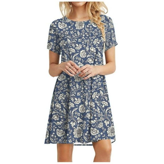 USSUMA Dress for Women Wedding Guest, Women's Tunic Dress Cute Daisy Printed Crew Neck Short Sleeve Casual Swing Dress Summer T Shirt Sundresses