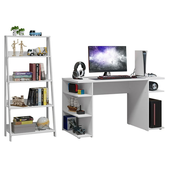 Madesa 2-Piece Desk and Ladder Shelf Set: 53" Gaming Desk with Cable Management + 24" 5-Tier Ladder Shelf for Storage, Office, Gaming and Study – White
