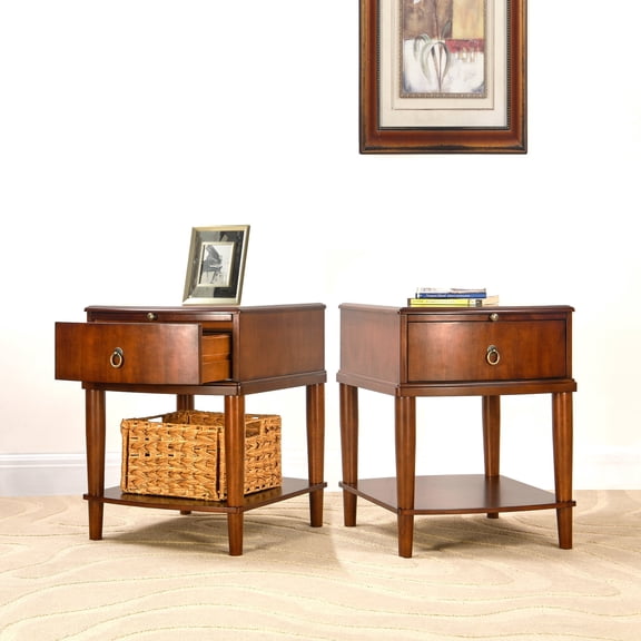 Set of 2 Solid Wood Rectangle End Table with Drawer, Fully Assembled Vintage Sofa Side Table with Sliding Shelf, Pre-Assembled Wooden Beside Table with Storage Shelf In Cherry, 18.1x20.1x22.8in
