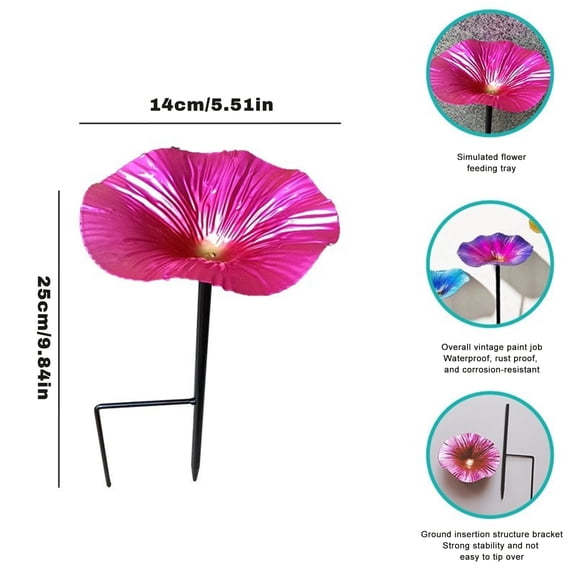 Hand-Painted Rose Red Metal Flower Bird Feeder Ground Stake, Vibrant Outdoor Bird Bath and Seed Holder for Wild Birds, Small Decorative Garden Accent