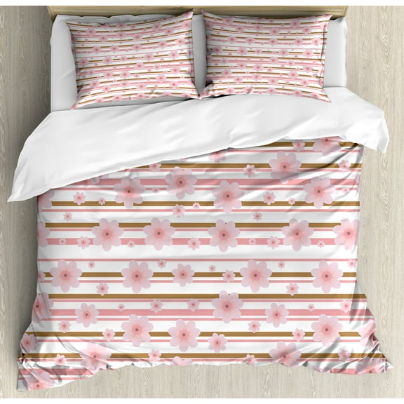 Ambesonne Peach Duvet Cover Set, Cherry Buds Blossoms, Queen, Pale Pink Caramel